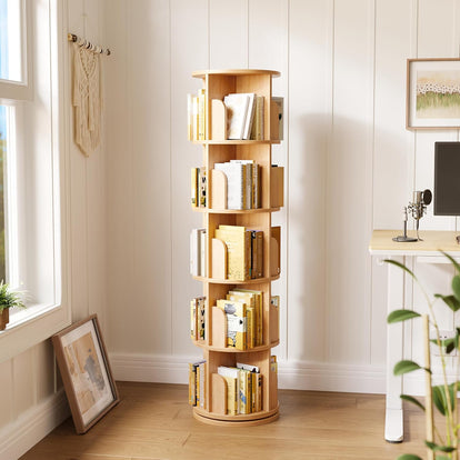 5-Tier Solid Wood Rotating Bookshelf, 360° Spinning Bookcase Tower