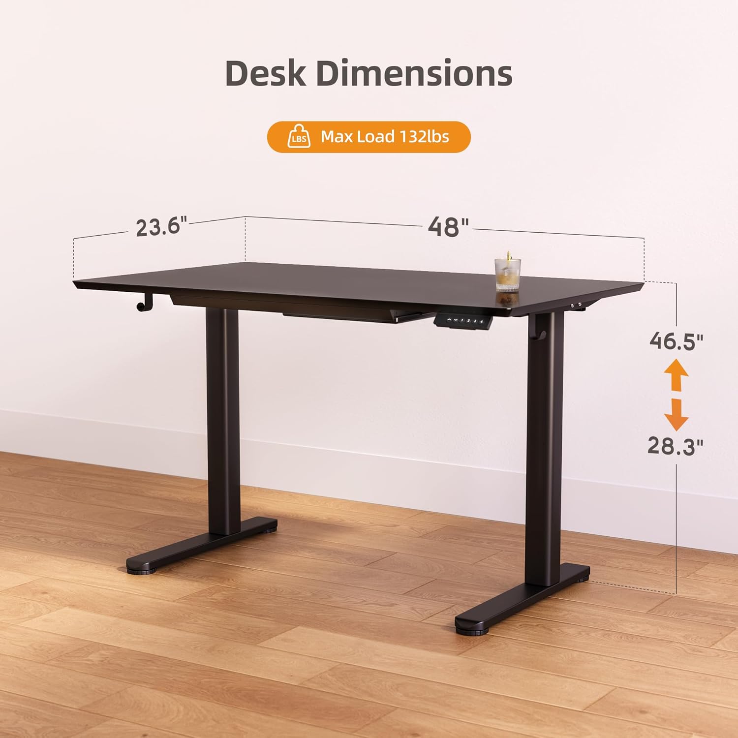 Glass Standing Desk with Drawers, 48×24 Inch Electric Adjustable Height Stand Up Desk Quick Install Computer Desk, Black