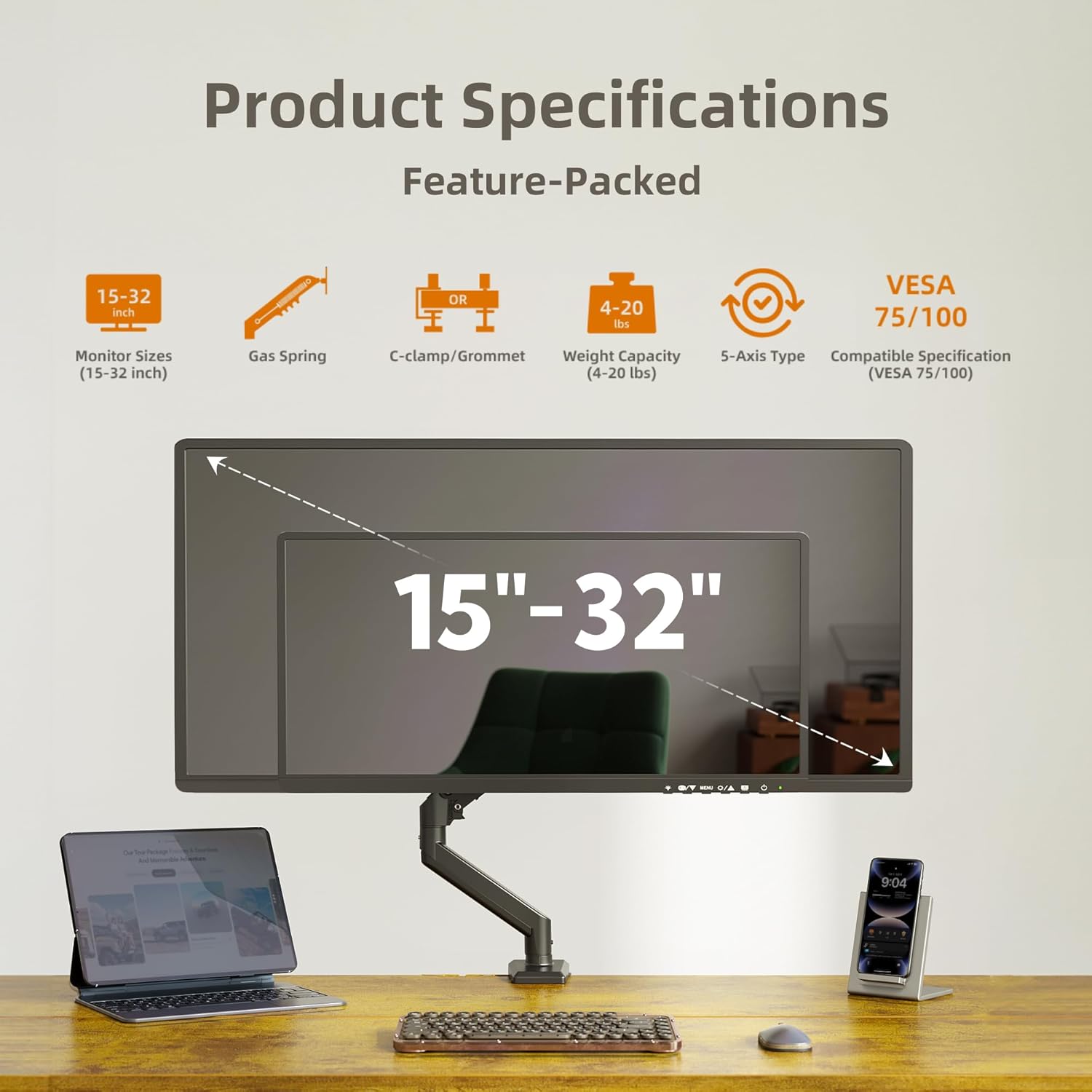 Single Monitor Mount, Ergonomic Gas Spring Monitor Arm for 15-32 inch Screens, Adjustable Computer Monitor Stand up to 20 lbs, with Clamp and Grommet Base, VESA Mounting Holes 75&100mm, Black