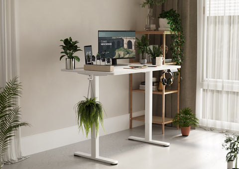 Claiks 电动站立式办公桌，可调节高度站立式办公桌，带拼接板的坐站式家庭办公桌，白色框架/白色桌面