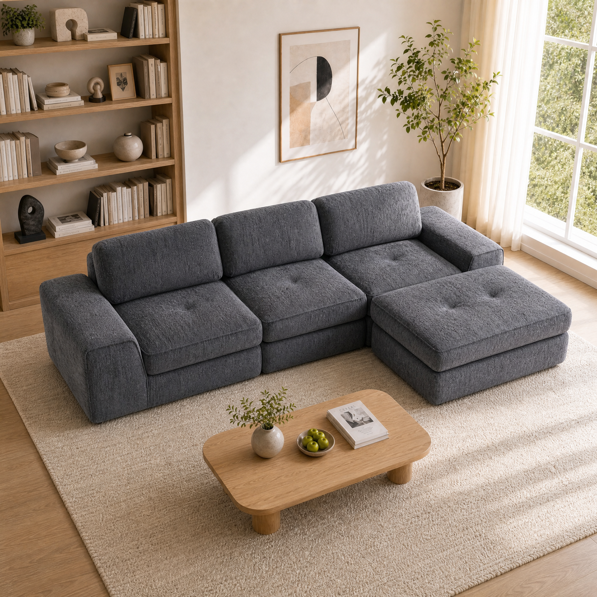 Claiks Boneless Cloud Couch Sectional Sofa, L Shaped Couch, Dark Grey | 123" oversized , wide arm, 3 Seater with Ottoman Modular Sofa, deep seat, Couches for living room, home sofa