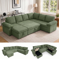 Claiks 118" Sectional Sleeper Sofa with Pull Out Bed U Shaped 7 Seat Sectional Couches for Living Room with Hidden Storage Skin Friendly Breathable Corduroy Fabric Sofa Bed for Apartment Office, Green