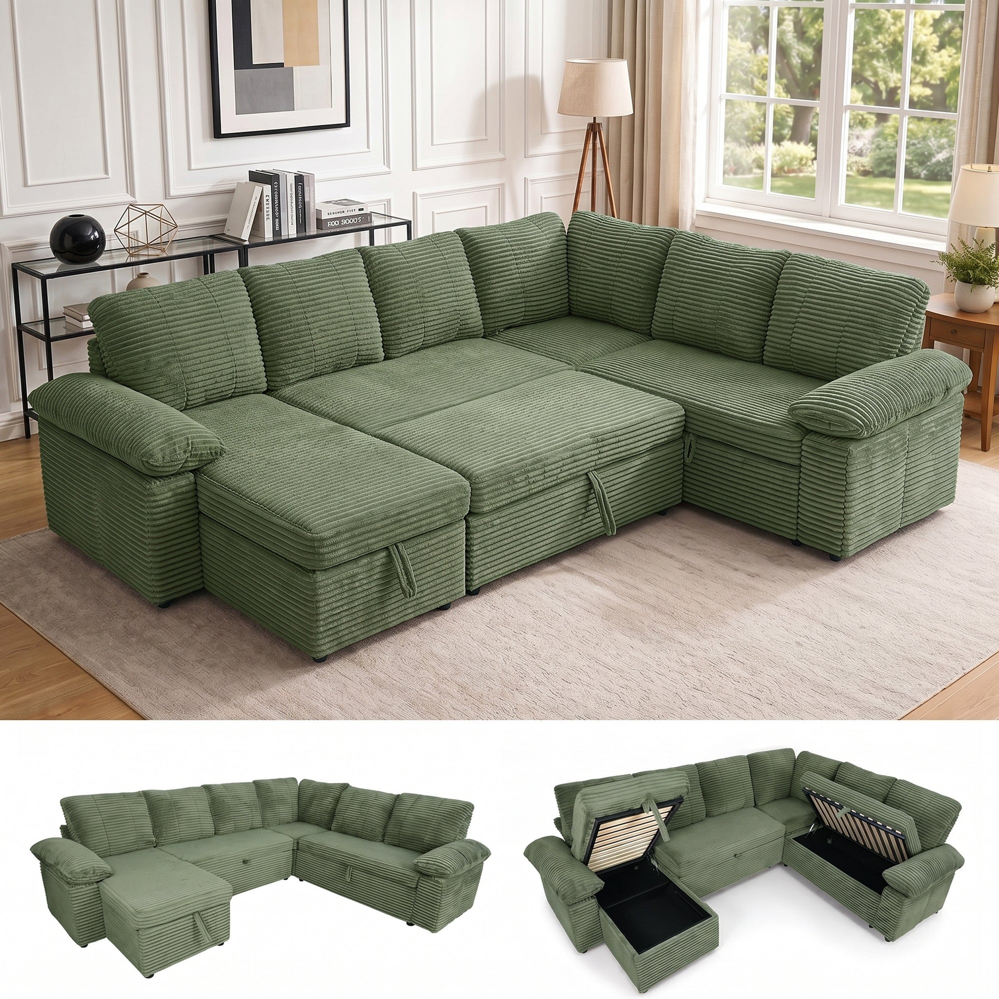 Claiks 118" Sectional Sleeper Sofa with Pull Out Bed U Shaped 7 Seat Sectional Couches for Living Room with Hidden Storage Skin Friendly Breathable Corduroy Fabric Sofa Bed for Apartment Office, Green