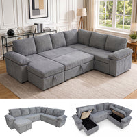 Claiks 118" Sectional Sleeper Sofa with Pull Out Bed U Shaped 7 Seat Sectional Couches for Living Room with Hidden Storage Skin Friendly Breathable Corduroy Fabric Sofa Bed for Apartment Office, Green