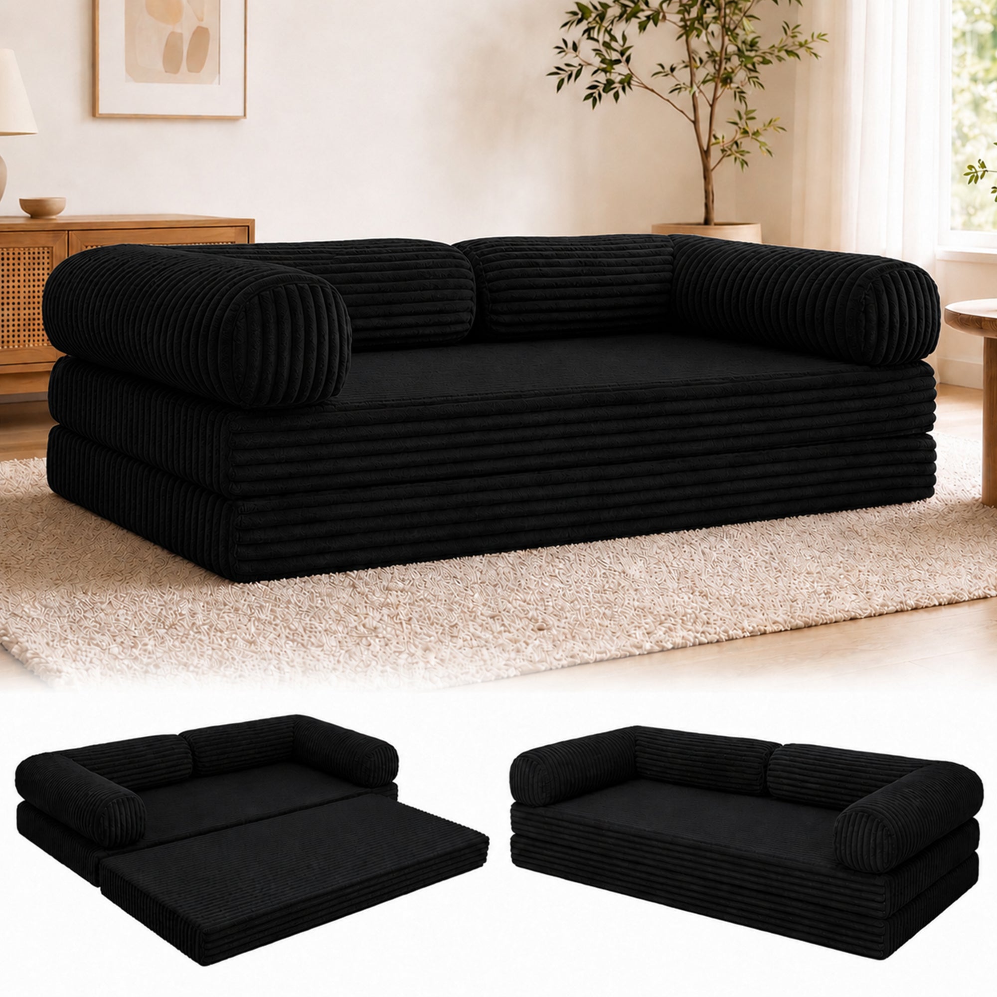 Claiks 75" Convertible Sofa Bed, Corduroy Futon Couch Pull Out Bed, No Assembly Boneless Couches for Living Room Bedroom Apartment, Black