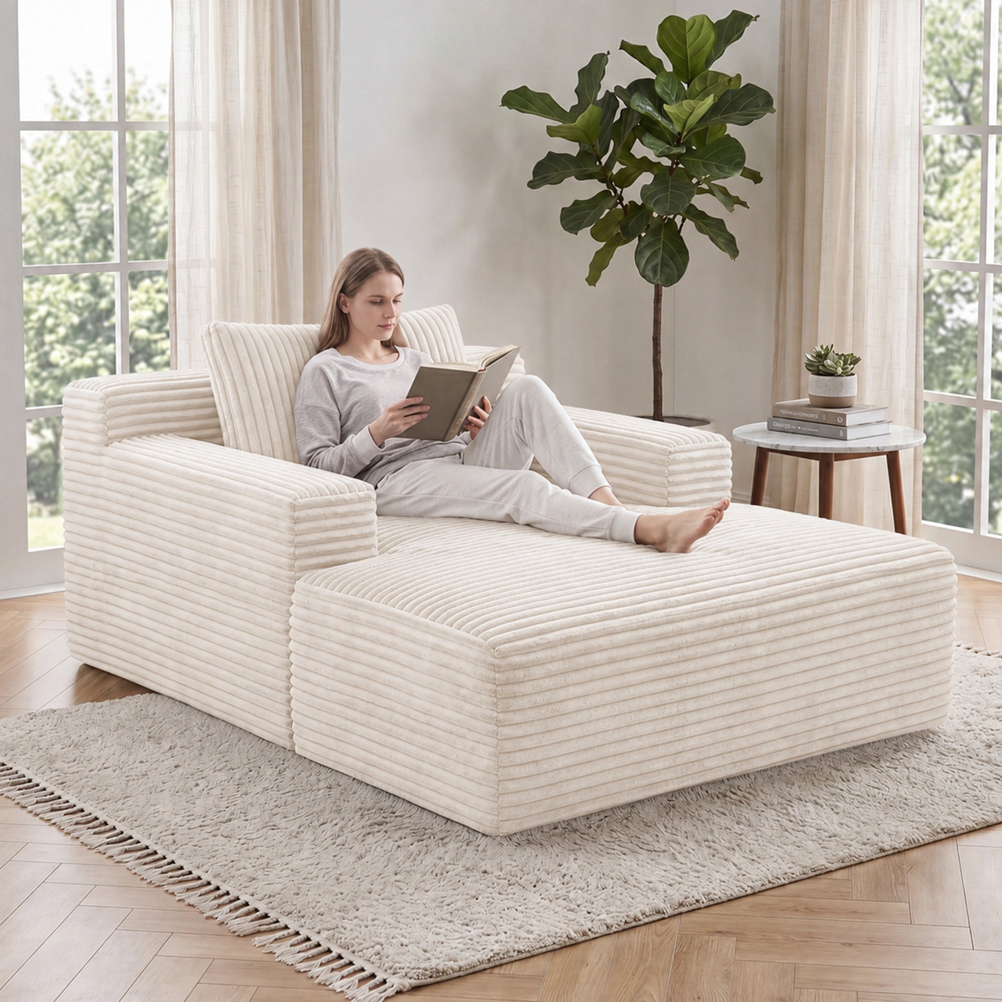 Claiks 63" Chaise Lounge Chair, Cloud Boneless Sofa, Beige | Oversized corduroy deep seat sleeper chair. reading chair. No assembly. Ideal for living room, bedroom, or apartment