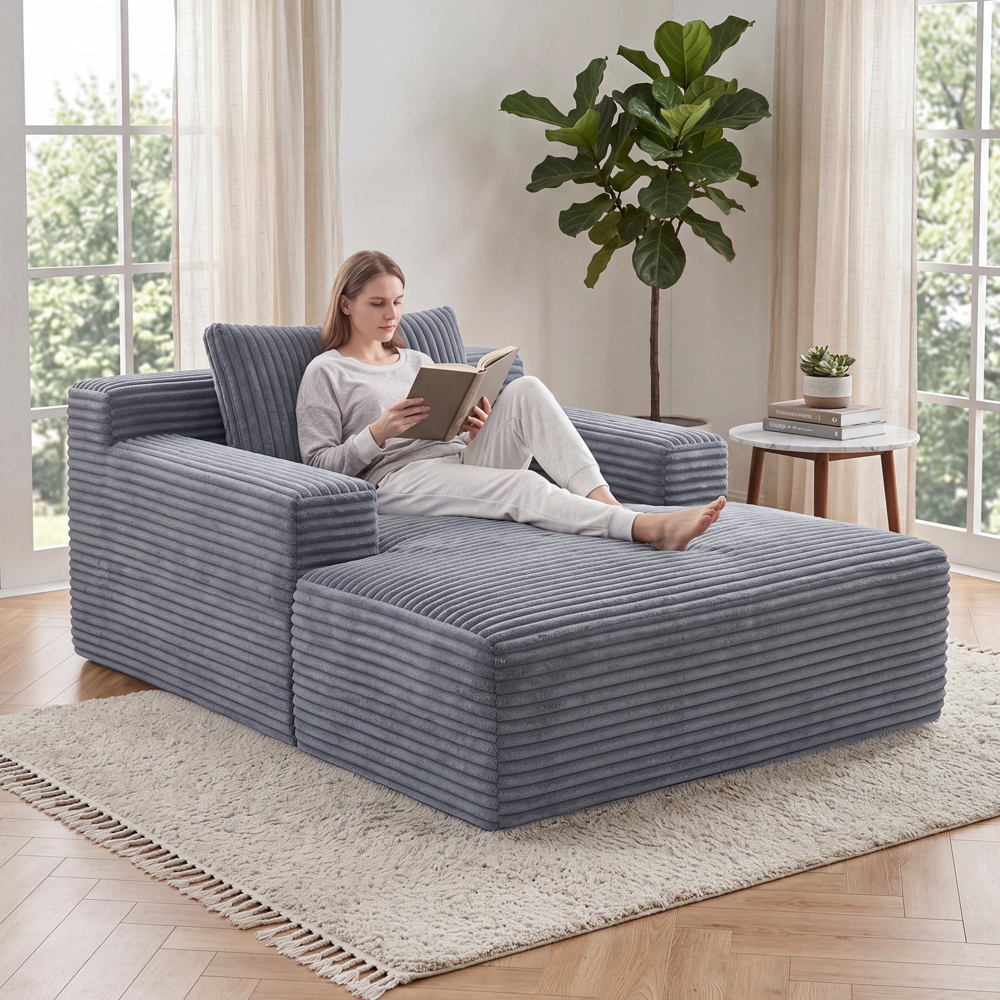 Claiks 63" Chaise Lounge Chair, Cloud Boneless Sofa, Beige | Oversized corduroy deep seat sleeper chair. reading chair. No assembly. Ideal for living room, bedroom, or apartment