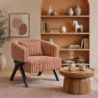 Claiks Accent Chair, Mid-Century Modern Upholstered Striped Armchair, Red | Arc backrest, 9in sponge. Solid wood V-legs hold 300lb. Striped armchair for living room, bedroom, reading nook. Ergonomic.
