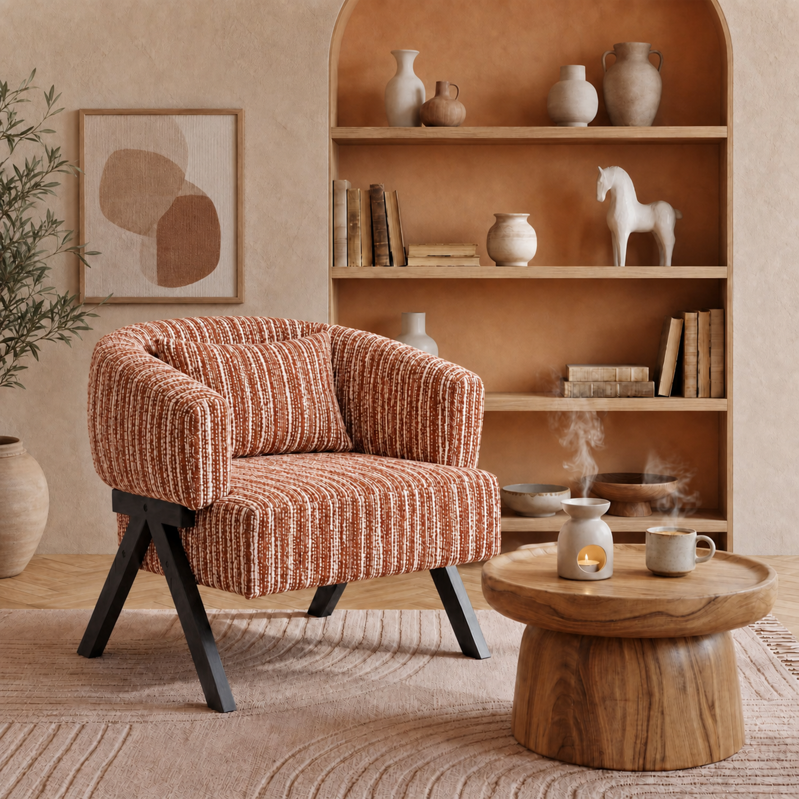Claiks Accent Chair, Mid-Century Modern Upholstered Striped Armchair, Red | Arc backrest, 9in sponge. Solid wood V-legs hold 300lb. Striped armchair for living room, bedroom, reading nook. Ergonomic.