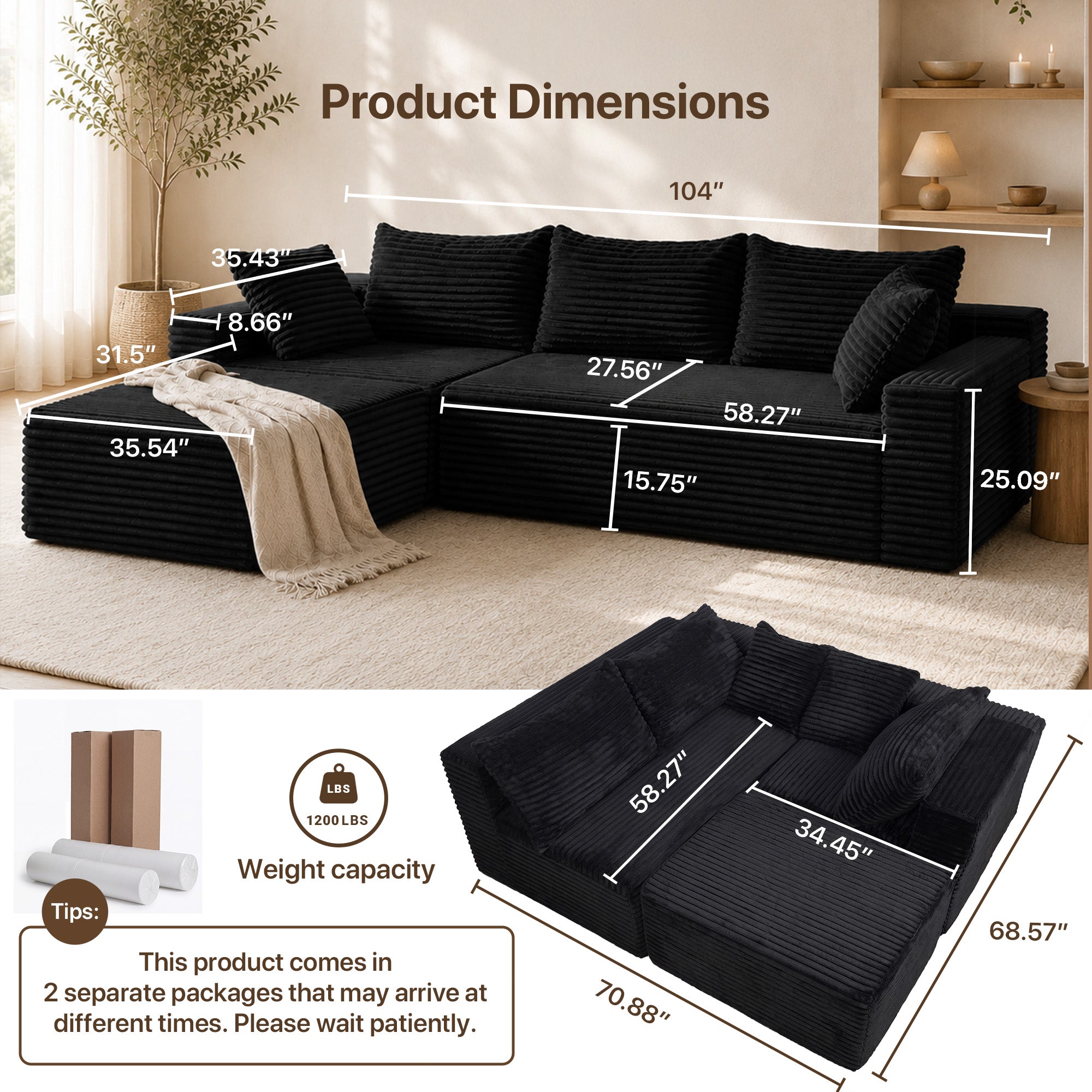 Claiks 104" Boneless Couch, Cloud Couch Sectional, L-Shape Corduroy Modular Sectional Sofa Deep Seat, Upholstered Couches for Living Room, No Assembly Required