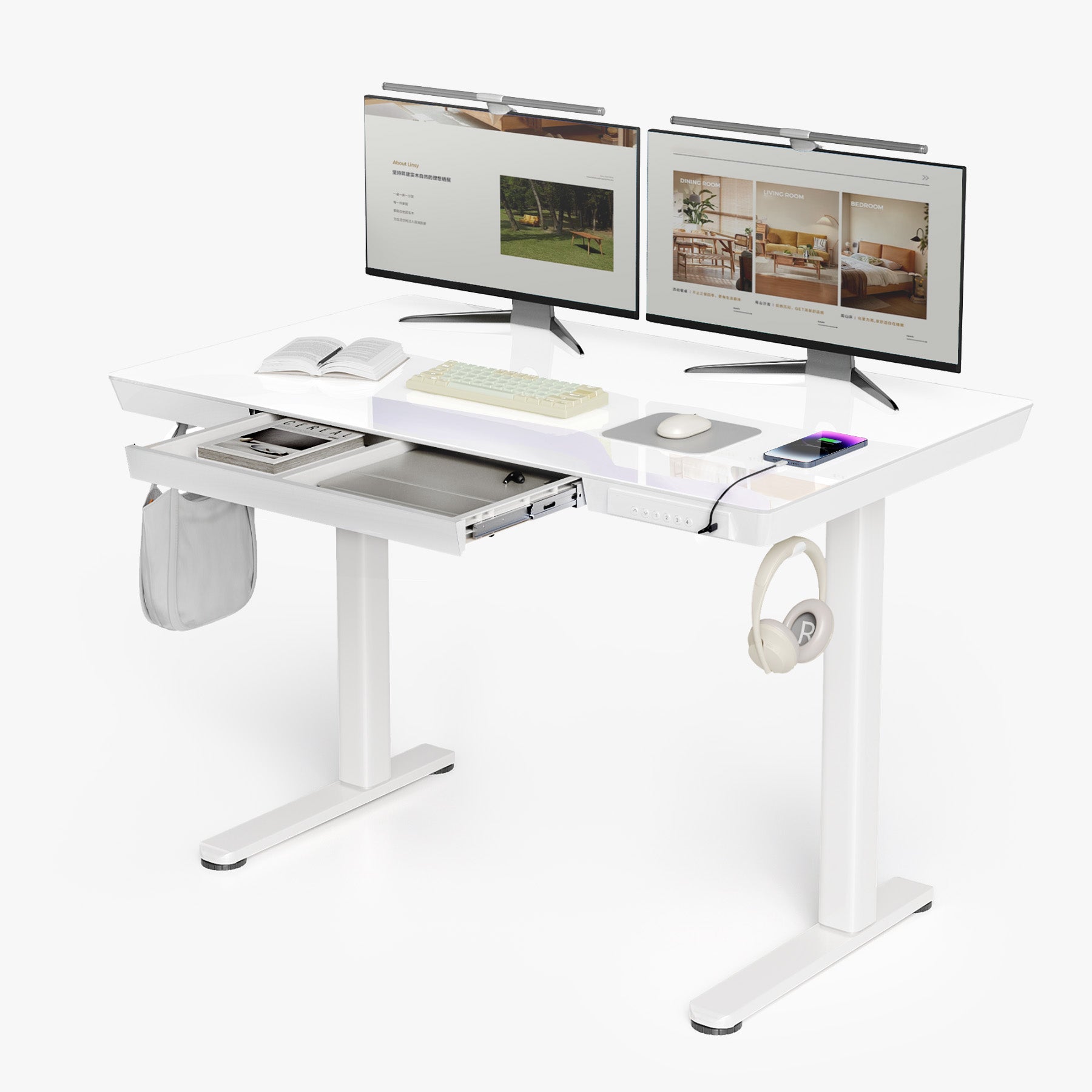 Claiks Glass Standing Desk with Drawer, Adjustable Standing Home