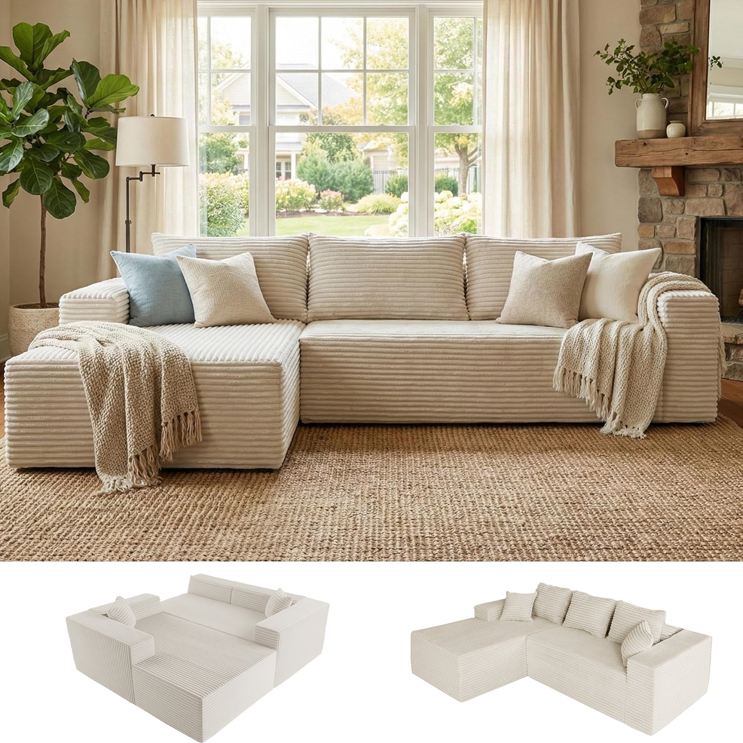 Claiks Boneless Couch, Cloud Couch Sectional, L-Shape Corduroy Modular Sectional Sofa Deep Seat, Upholstered Couches for Living Room, No Assembly Required, Black, Right Facing Chaise