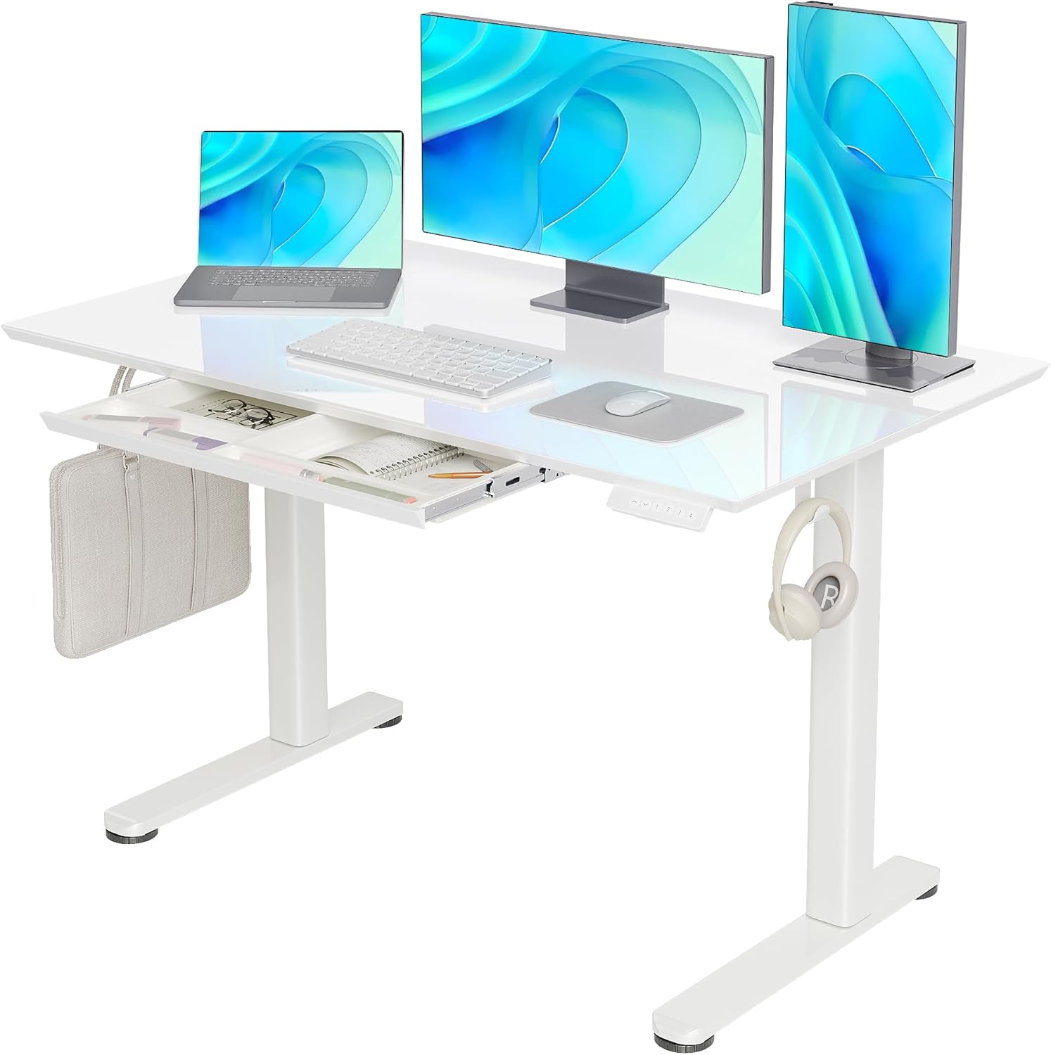 Glass Standing Desk with Drawers, 48×24 Inch Electric Adjustable Height Stand Up Desk Quick Install Computer Desk, White