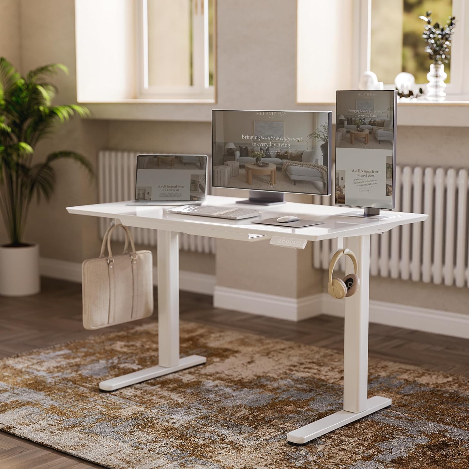 Glass Standing Desk with Drawers, 48×24 Inch Electric Adjustable Height Stand Up Desk Quick Install Computer Desk, White