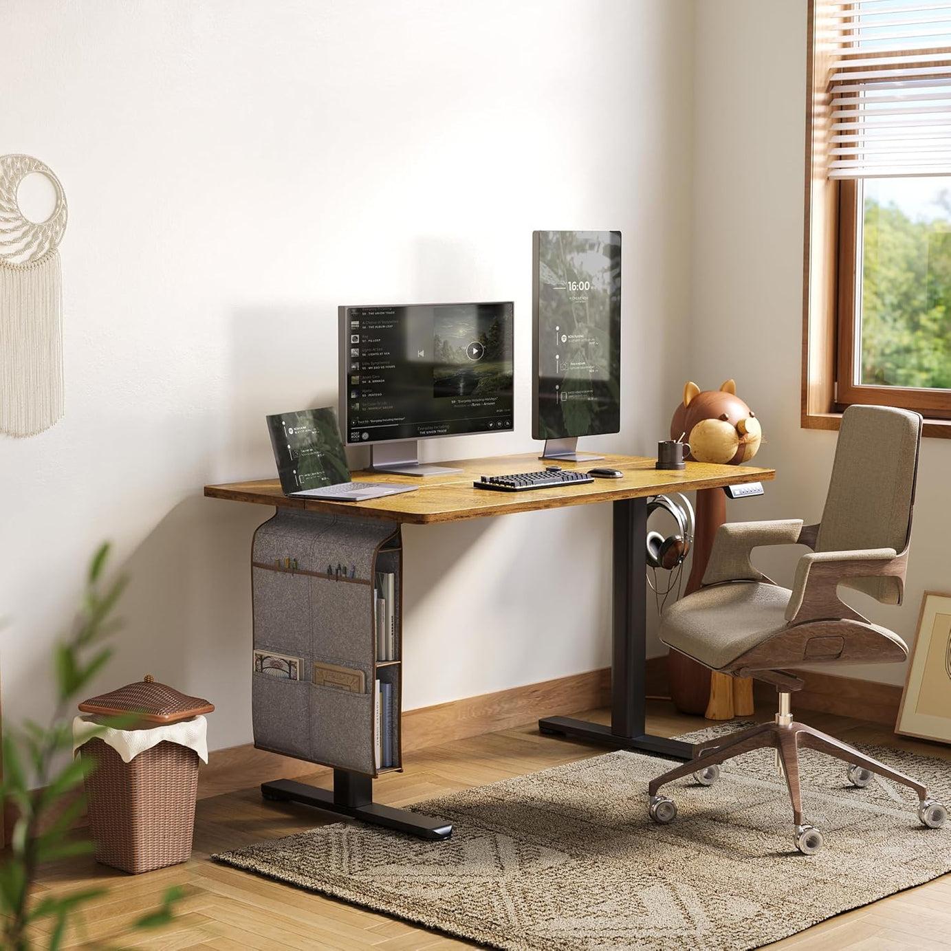 Electric Standing Desk Adjustable Height with Spacious Storage Bag, 48x24 Inch Stand Up Desk with Headphone Hook, Sit Stand Desk for Home Office Computer Workstation, Rustic Brown