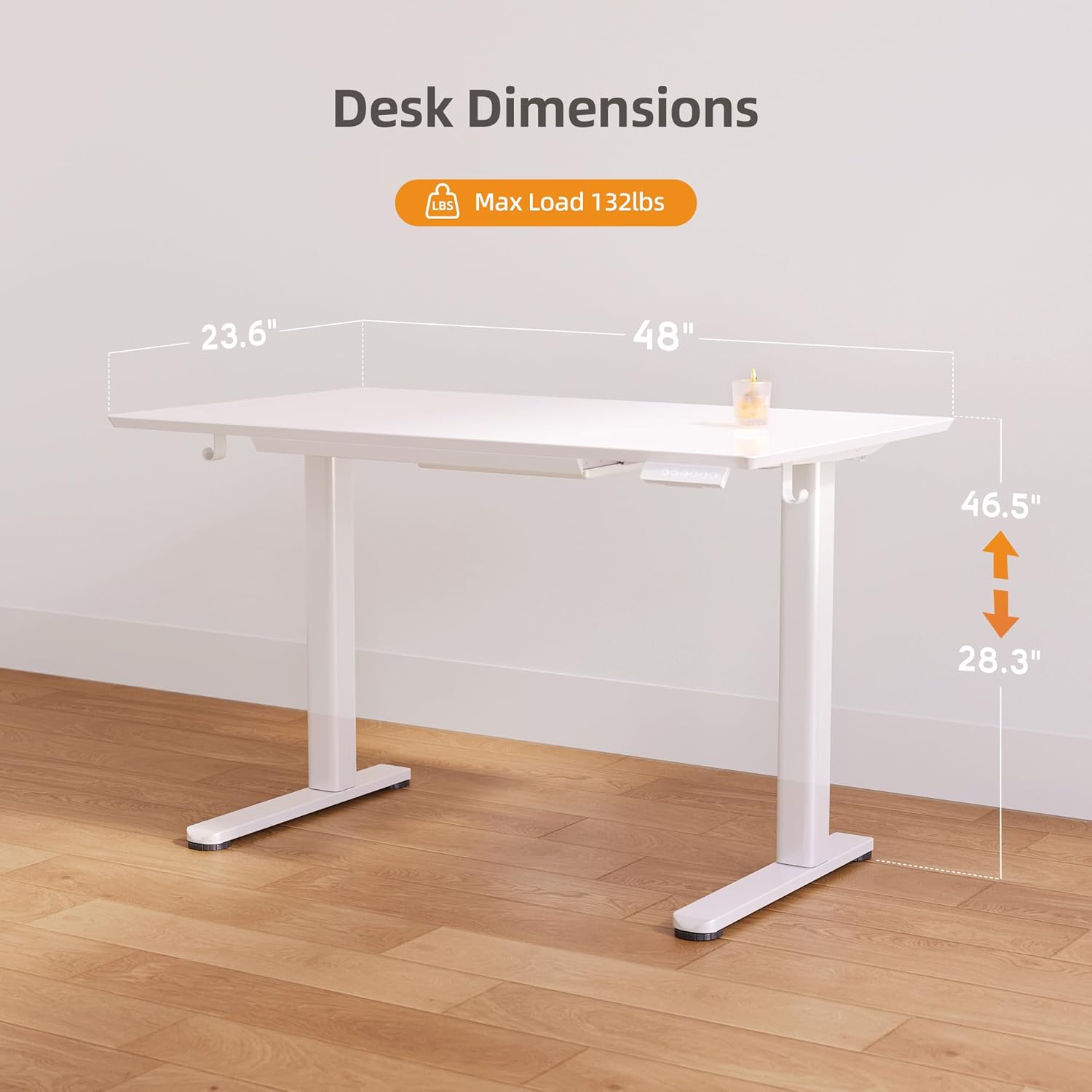 Glass Standing Desk with Drawers, 48×24 Inch Electric Adjustable Height Stand Up Desk Quick Install Computer Desk, White