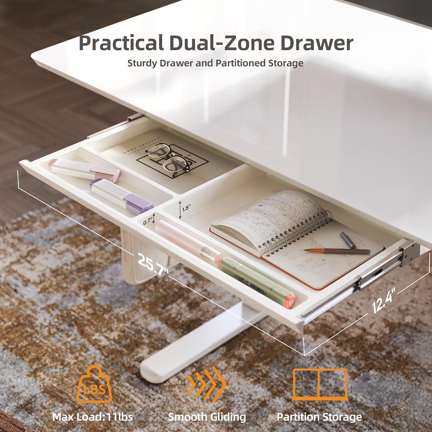 Glass Standing Desk with Drawers, 48×24 Inch Electric Adjustable Height Stand Up Desk Quick Install Computer Desk, White