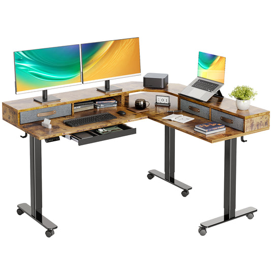 Triple Motor 63" L Shaped Standing Desk with Drawers