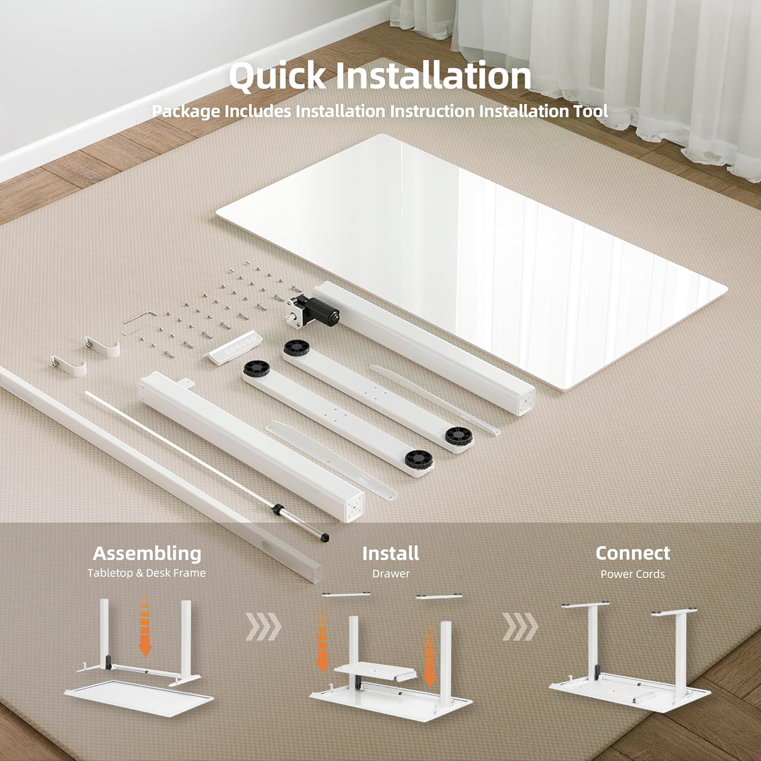 Glass Standing Desk with Drawers, 48×24 Inch Electric Adjustable Height Stand Up Desk Quick Install Computer Desk, White