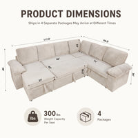 Claiks 118" Sectional Sleeper Sofa with Pull Out Bed U Shaped 7 Seat Sectional Couches for Living Room with Hidden Storage Skin Friendly Breathable Corduroy Fabric Sofa Bed for Apartment Office, Green