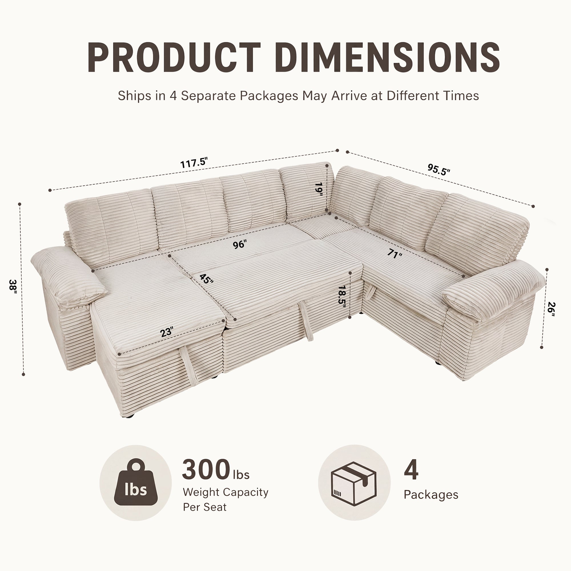 Claiks 118" Sectional Sleeper Sofa with Pull Out Bed U Shaped 7 Seat Sectional Couches for Living Room with Hidden Storage Skin Friendly Breathable Corduroy Fabric Sofa Bed for Apartment Office, Green