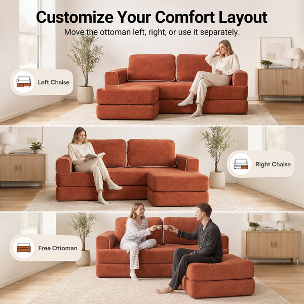 Claiks Folding Sofa Bed 180cm, 2 Seater Modular L-Shaped Chenille Sofa | 3-in-1 Convertible Design, Movable Ottoman, L-Shaped Modular Layout, Deep Seat, Small Space Solution