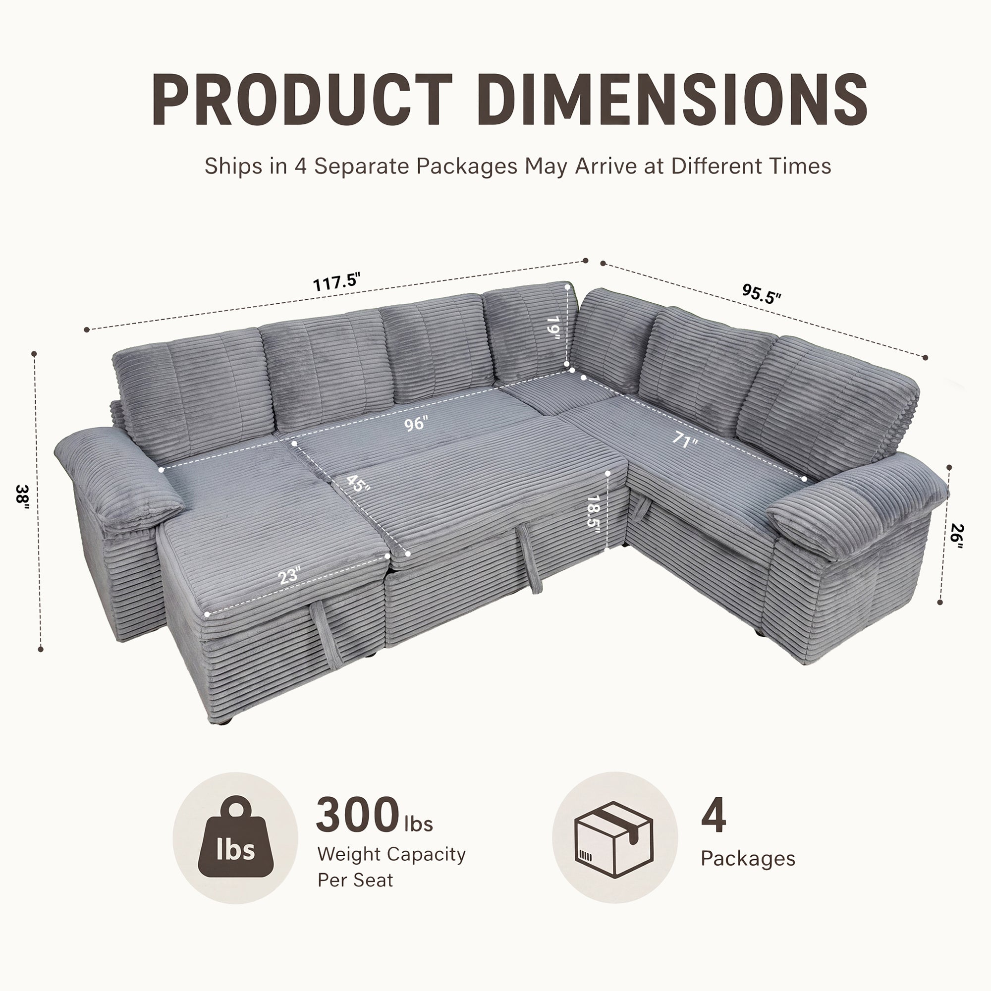 Claiks 118" Sectional Sleeper Sofa with Pull Out Bed U Shaped 7 Seat Sectional Couches for Living Room with Hidden Storage Skin Friendly Breathable Corduroy Fabric Sofa Bed for Apartment Office, Green