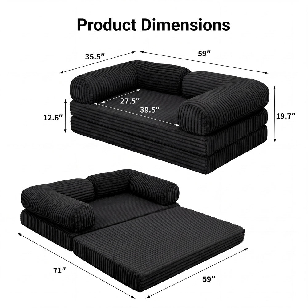 Claiks 3-in-1 Folding Double Sofa Bed 150cm Corduroy Foam | 25D high-density foam, removable washable cover, wide armrests, no assembly, ideal for small spaces and guests