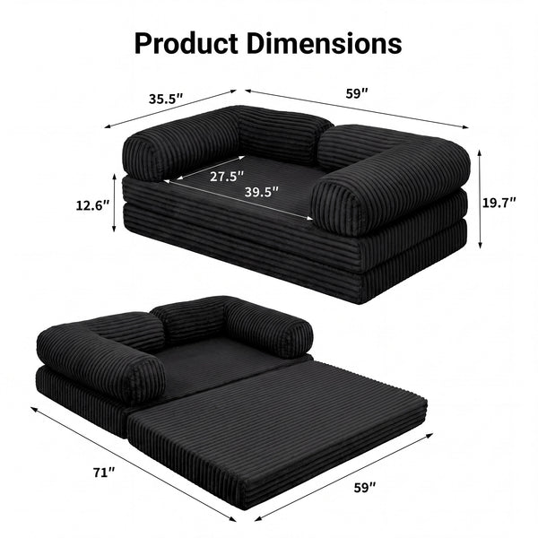 Claiks 3-in-1 Folding Double Sofa Bed 150cm Corduroy Foam | 25D high-density foam, removable washable cover, wide armrests, no assembly, ideal for small spaces and guests