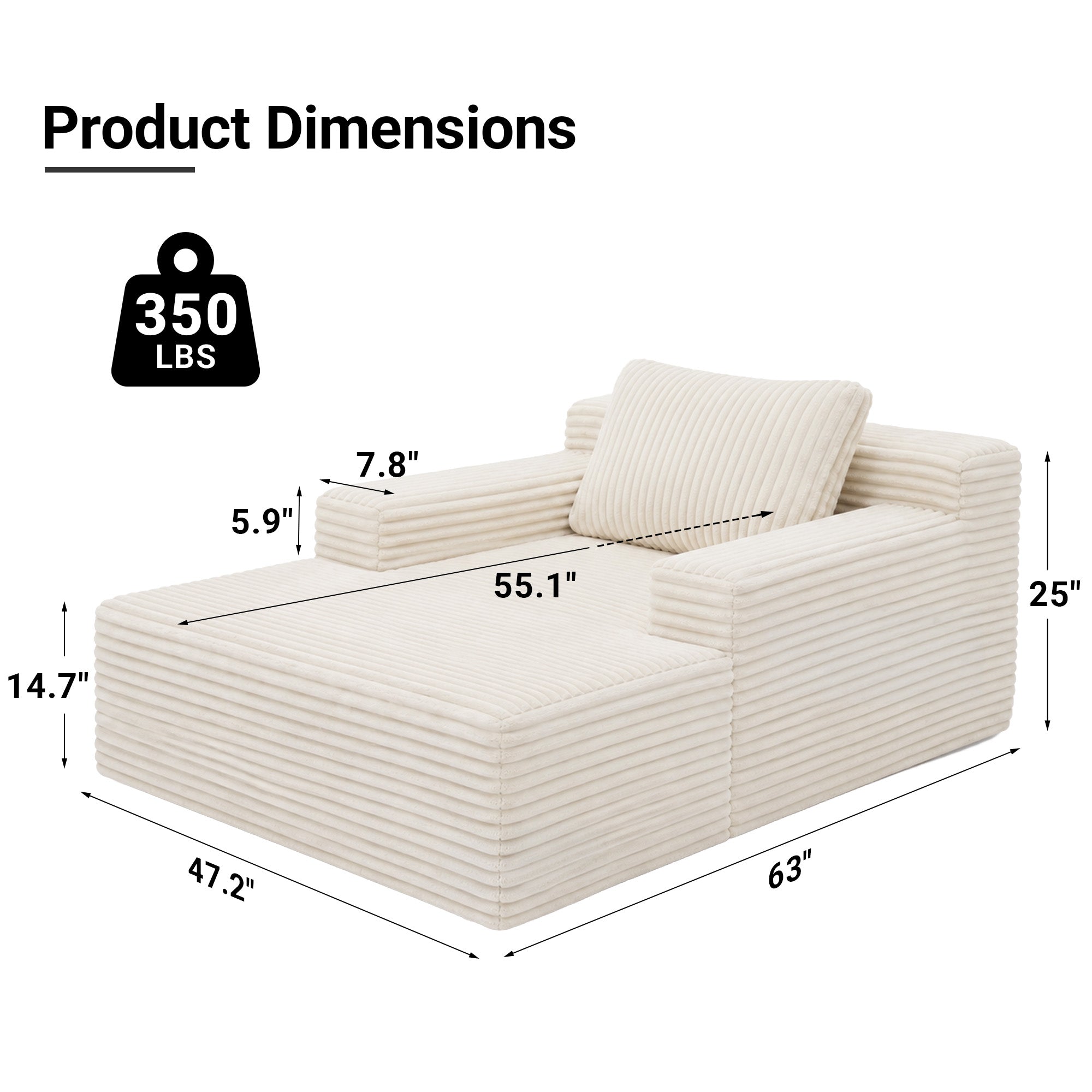 Claiks 63" Chaise Lounge Chair, Cloud Boneless Sofa, Beige | Oversized corduroy deep seat sleeper chair. reading chair. No assembly. Ideal for living room, bedroom, or apartment