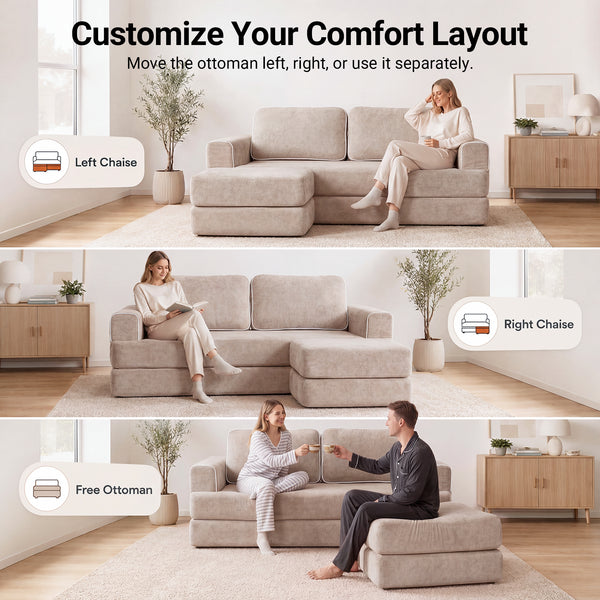 Claiks Folding Sofa Bed 180cm, 2 Seater Modular L-Shaped Chenille Sofa | 3-in-1 Convertible Design, Movable Ottoman, L-Shaped Modular Layout, Deep Seat, Small Space Solution