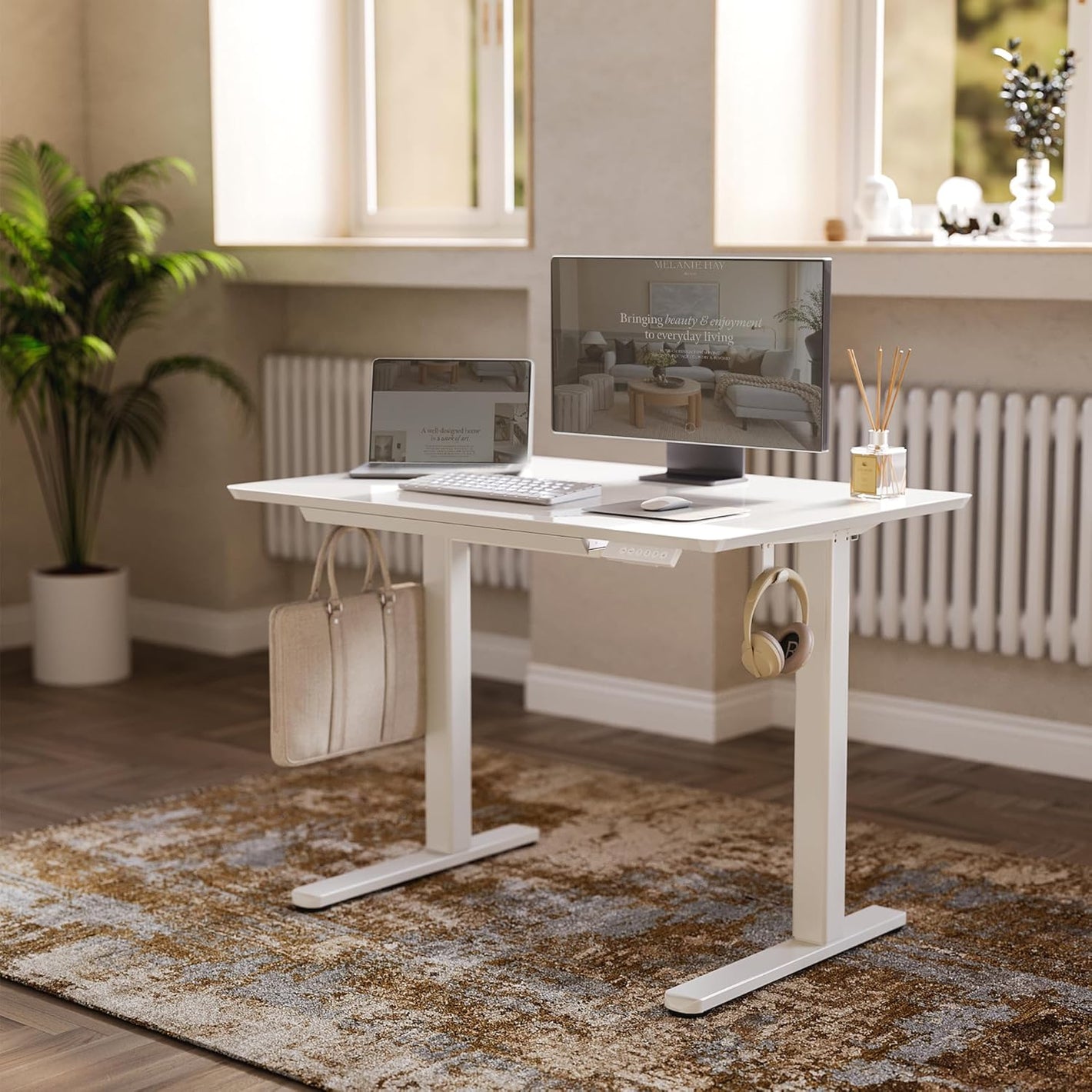 Glass Standing Desk with Drawers, 40×24 Inch Adjustable Stand Up Desk Quick Install Home Office Computer Desk, White