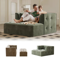 Claiks 62" Chaise Lounge Chair Indoor,Oversized Chaise Lounge for Living Room, Upholstered Boneless Chair Bed with Ottoman, Armrest and Pillows, Lounge Chair Indoor Cloud Couch, Green