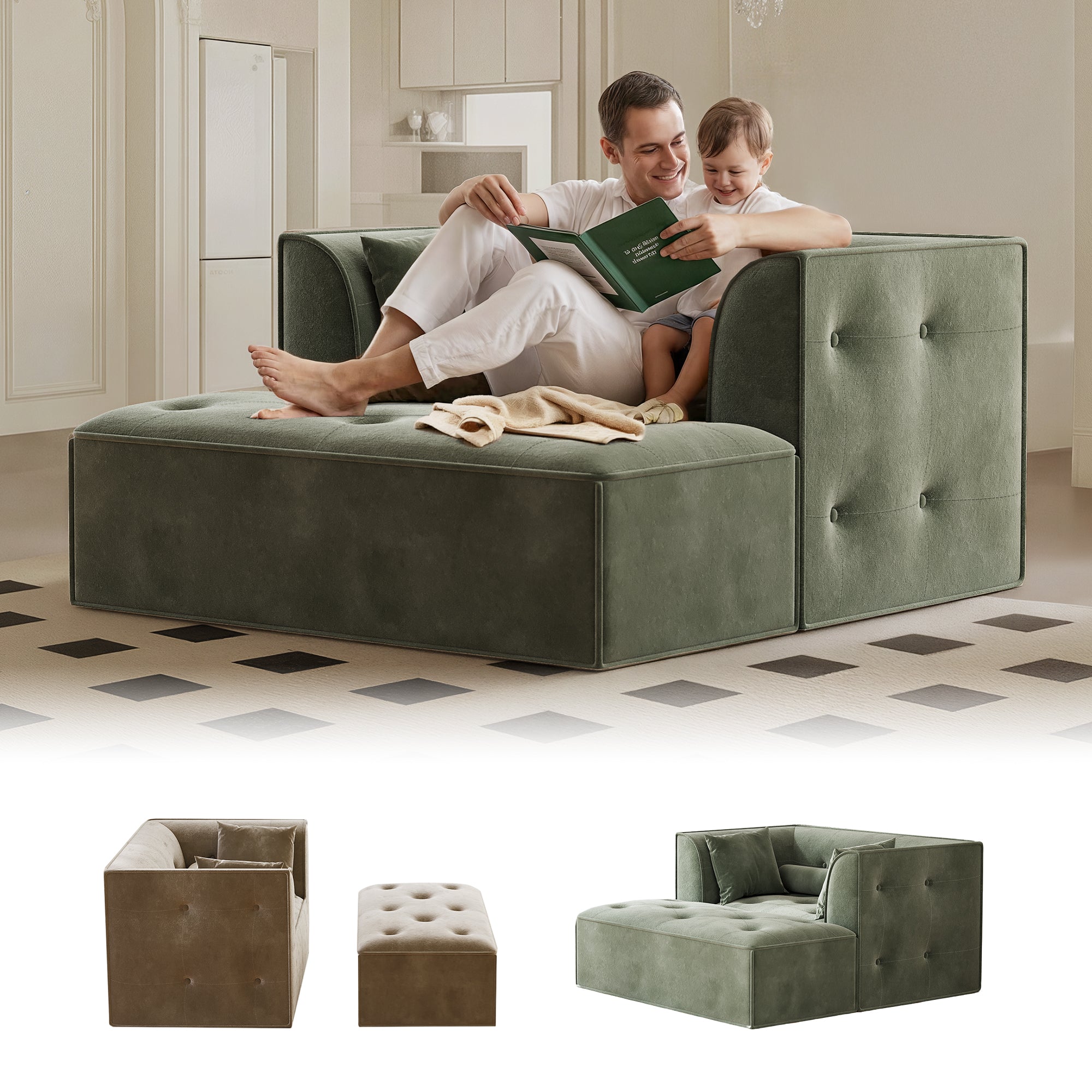 Claiks 62" Chaise Lounge Chair Indoor,Oversized Chaise Lounge for Living Room, Upholstered Boneless Chair Bed with Ottoman, Armrest and Pillows, Lounge Chair Indoor Cloud Couch, Green