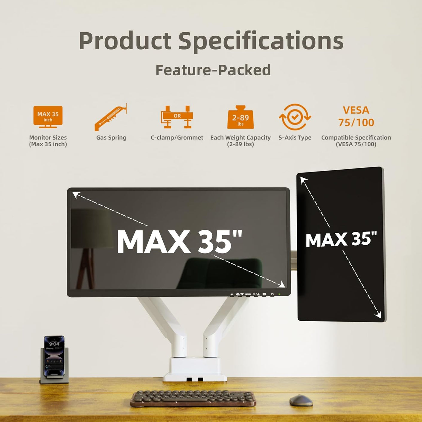 Dual Monitor Mount for Max 35 inch Screens Stand up to Max 89 lbs, Ergonomic Gas Spring Heavy-Duty Adjustable Monitor Arm, with Clamp and Grommet Base