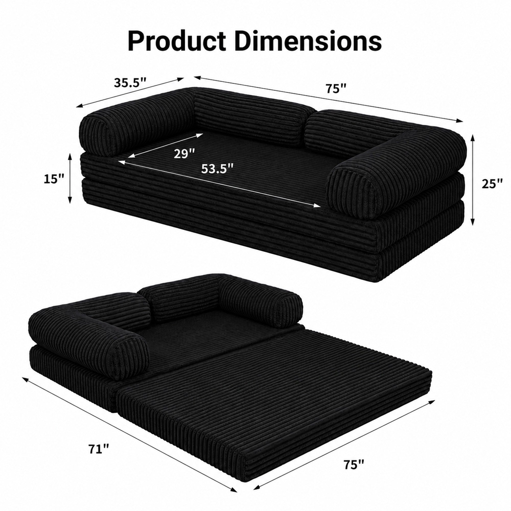 Claiks 75" Convertible Sofa Bed, Corduroy Futon Couch Pull Out Bed, No Assembly Boneless Couches for Living Room Bedroom Apartment, Black