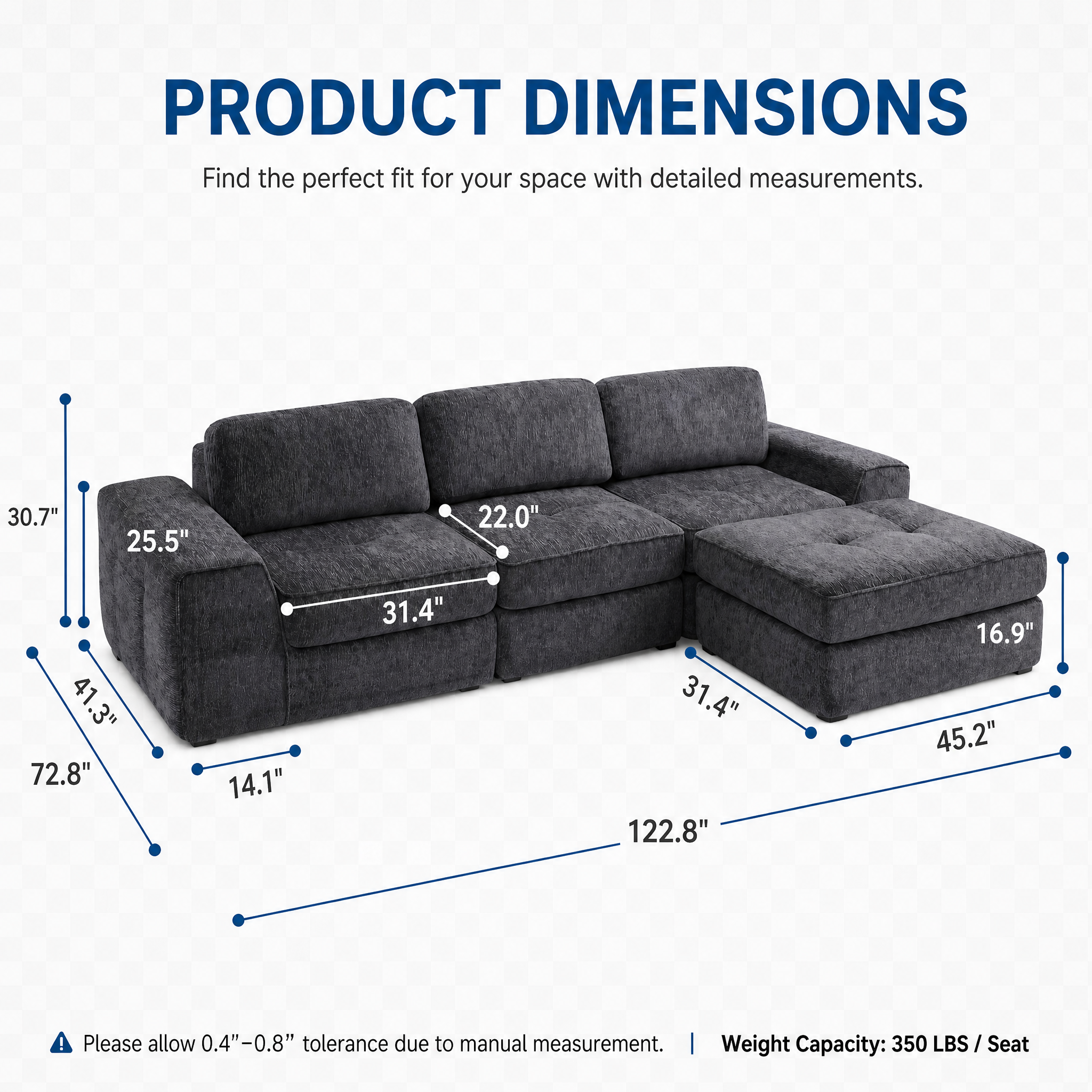 Claiks Boneless Cloud Couch Sectional Sofa, L Shaped Couch, Dark Grey | 123" oversized , wide arm, 3 Seater with Ottoman Modular Sofa, deep seat, Couches for living room, home sofa