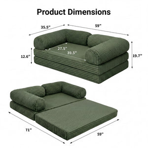 Claiks 3-in-1 Folding Double Sofa Bed 150cm Corduroy Foam | 25D high-density foam, removable washable cover, wide armrests, no assembly, ideal for small spaces and guests