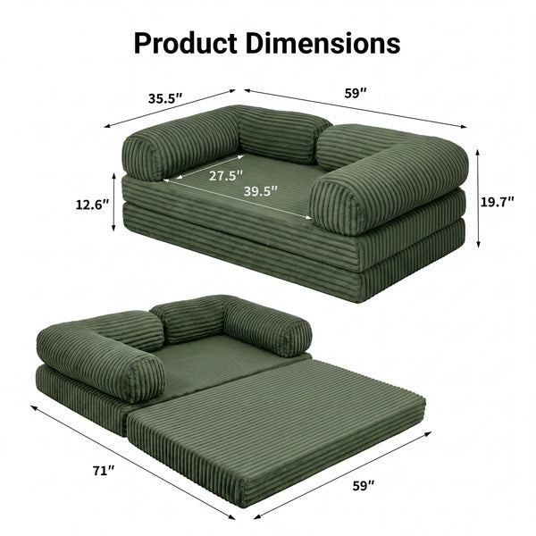 Claiks 3-in-1 Folding Double Sofa Bed 150cm Corduroy Foam | 25D high-density foam, removable washable cover, wide armrests, no assembly, ideal for small spaces and guests