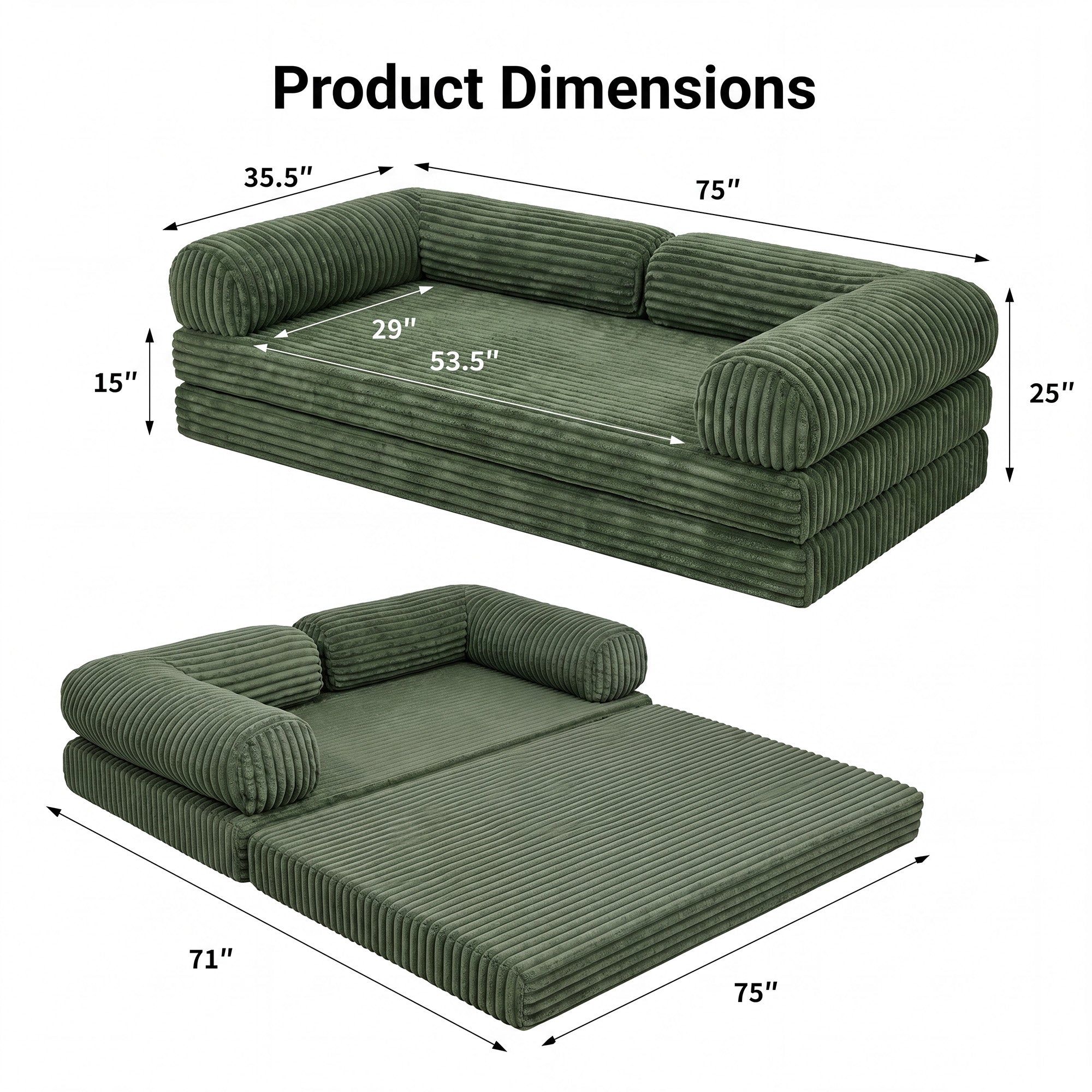 Claiks 75" Convertible Sofa Bed, Corduroy Futon Couch Pull Out Bed, No Assembly Boneless Couches for Living Room Bedroom Apartment, Black