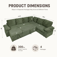 Claiks 118" Sectional Sleeper Sofa with Pull Out Bed U Shaped 7 Seat Sectional Couches for Living Room with Hidden Storage Skin Friendly Breathable Corduroy Fabric Sofa Bed for Apartment Office, Green