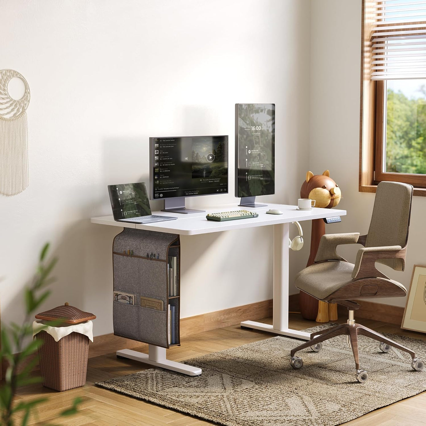 Electric Standing Desk Adjustable Height with Spacious Storage Bag, 48x24 Inch Stand Up Desk with Headphone Hook, Sit Stand Desk for Home Office Computer Workstation, White