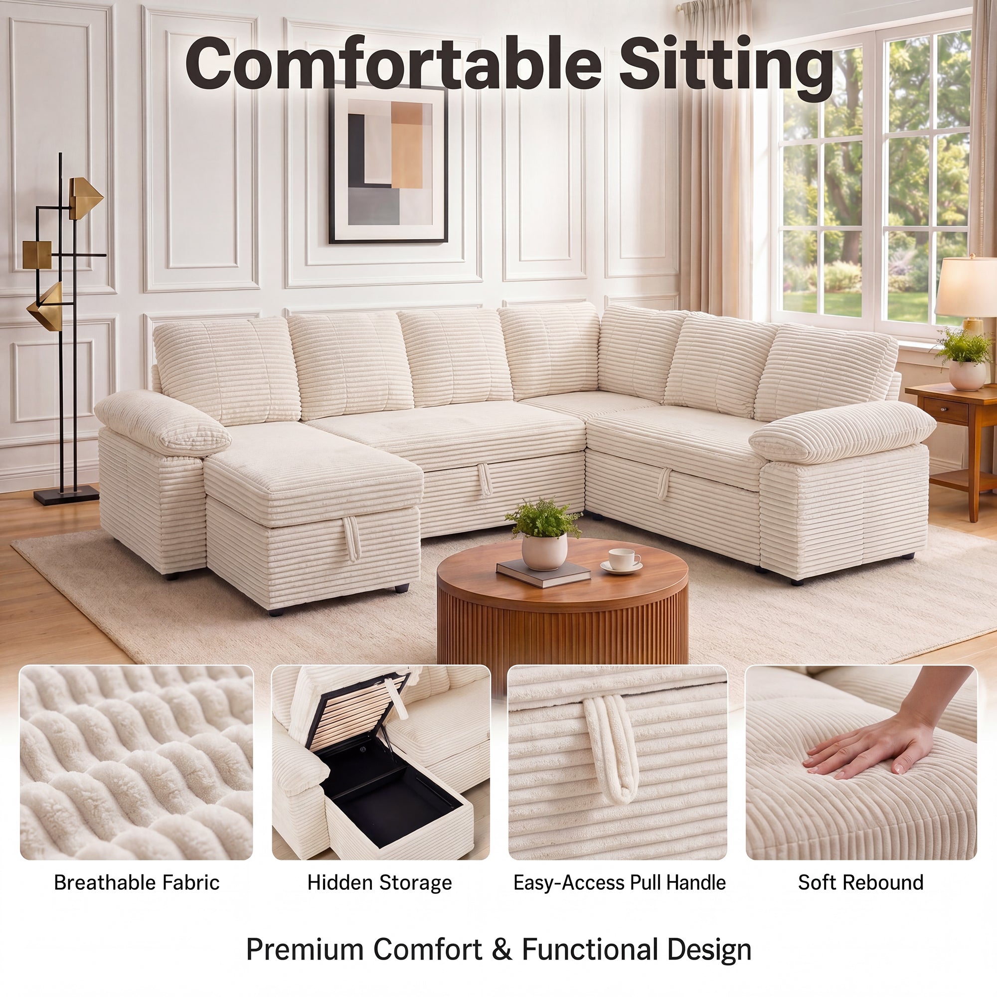 Claiks 118" Sectional Sleeper Sofa with Pull Out Bed U Shaped 7 Seat Sectional Couches for Living Room with Hidden Storage Skin Friendly Breathable Corduroy Fabric Sofa Bed for Apartment Office, Green