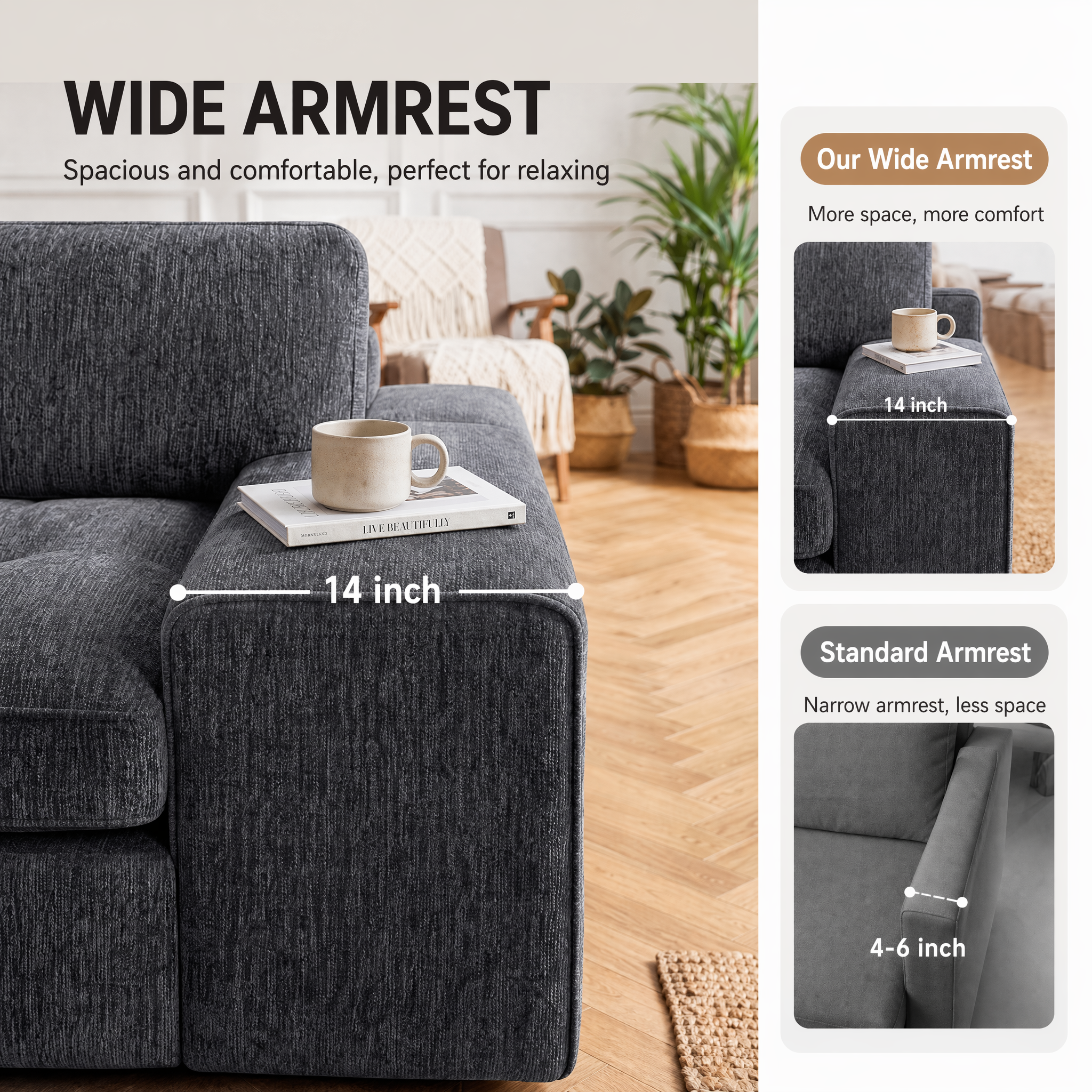 Claiks Boneless Cloud Couch Sectional Sofa, L Shaped Couch, Dark Grey | 123" oversized , wide arm, 3 Seater with Ottoman Modular Sofa, deep seat, Couches for living room, home sofa
