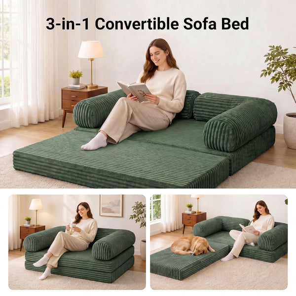 Claiks 3-in-1 Folding Double Sofa Bed 150cm Corduroy Foam | 25D high-density foam, removable washable cover, wide armrests, no assembly, ideal for small spaces and guests