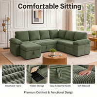 Claiks 118" Sectional Sleeper Sofa with Pull Out Bed U Shaped 7 Seat Sectional Couches for Living Room with Hidden Storage Skin Friendly Breathable Corduroy Fabric Sofa Bed for Apartment Office, Green