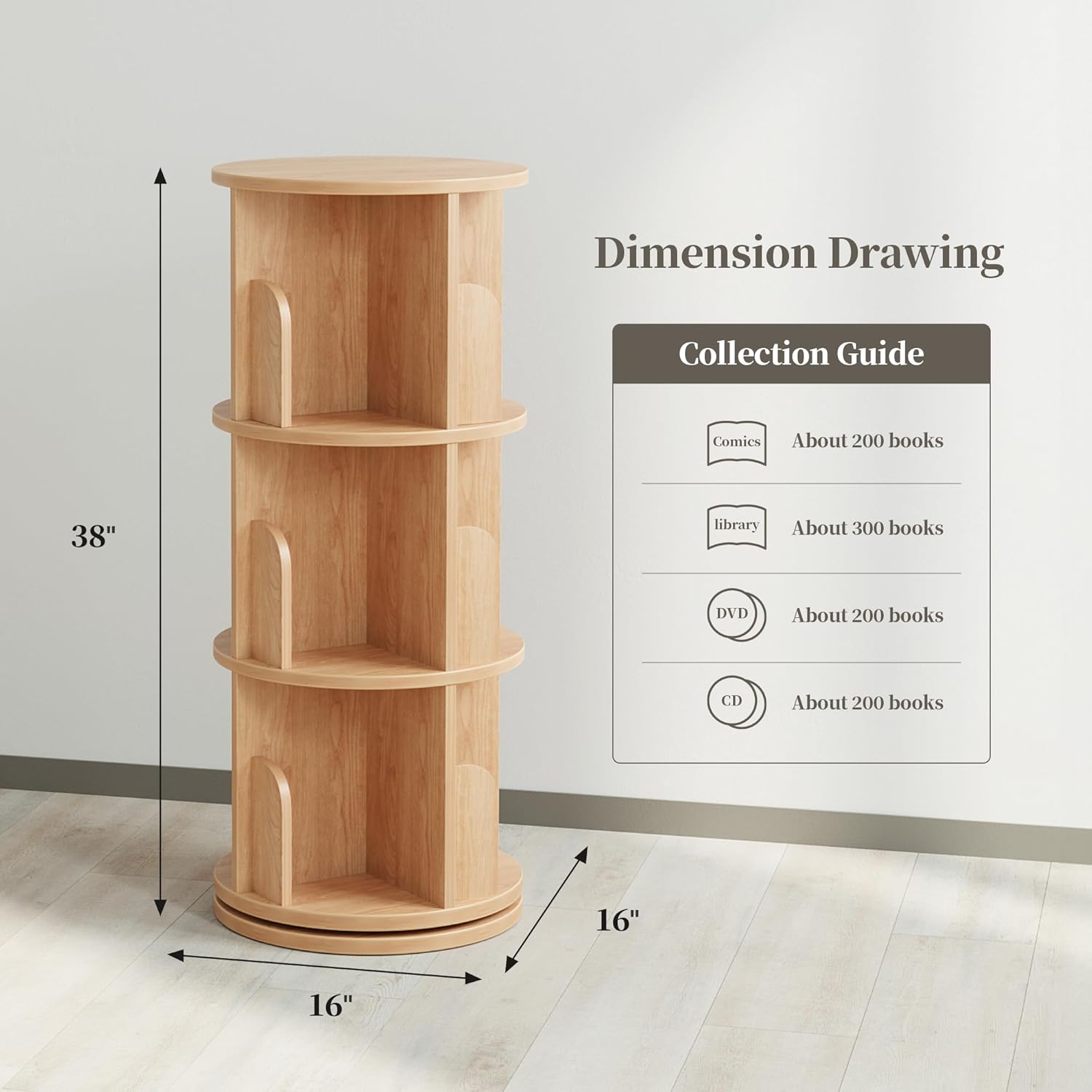 60° Spinning Bookcase Tower, Space-Saving Vertical Book Storage Organizer with Sturdy Construction for Home & Office, Nature
