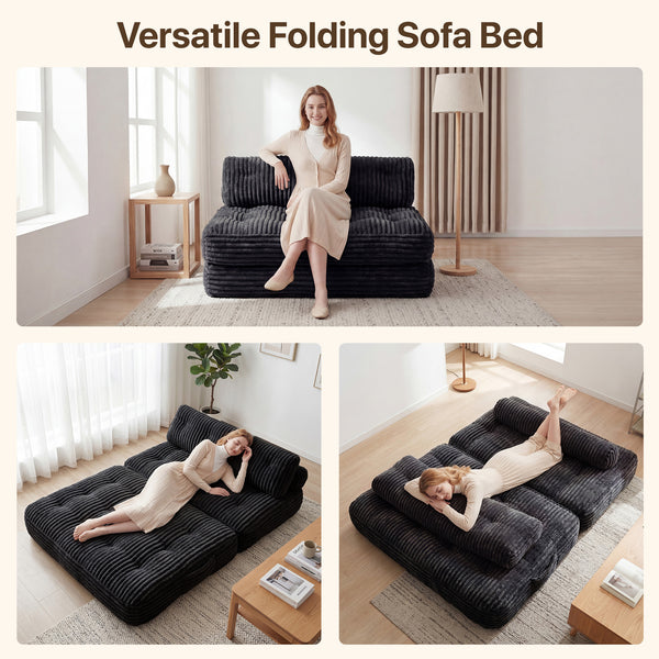 Claiks Chair Bed Single Sofa Bed with Pillow, Corduroy,  Soft corduroy fabric, ideal for guest rooms and small spaces, supportive shredded foam, folds into a comfy chair or bed