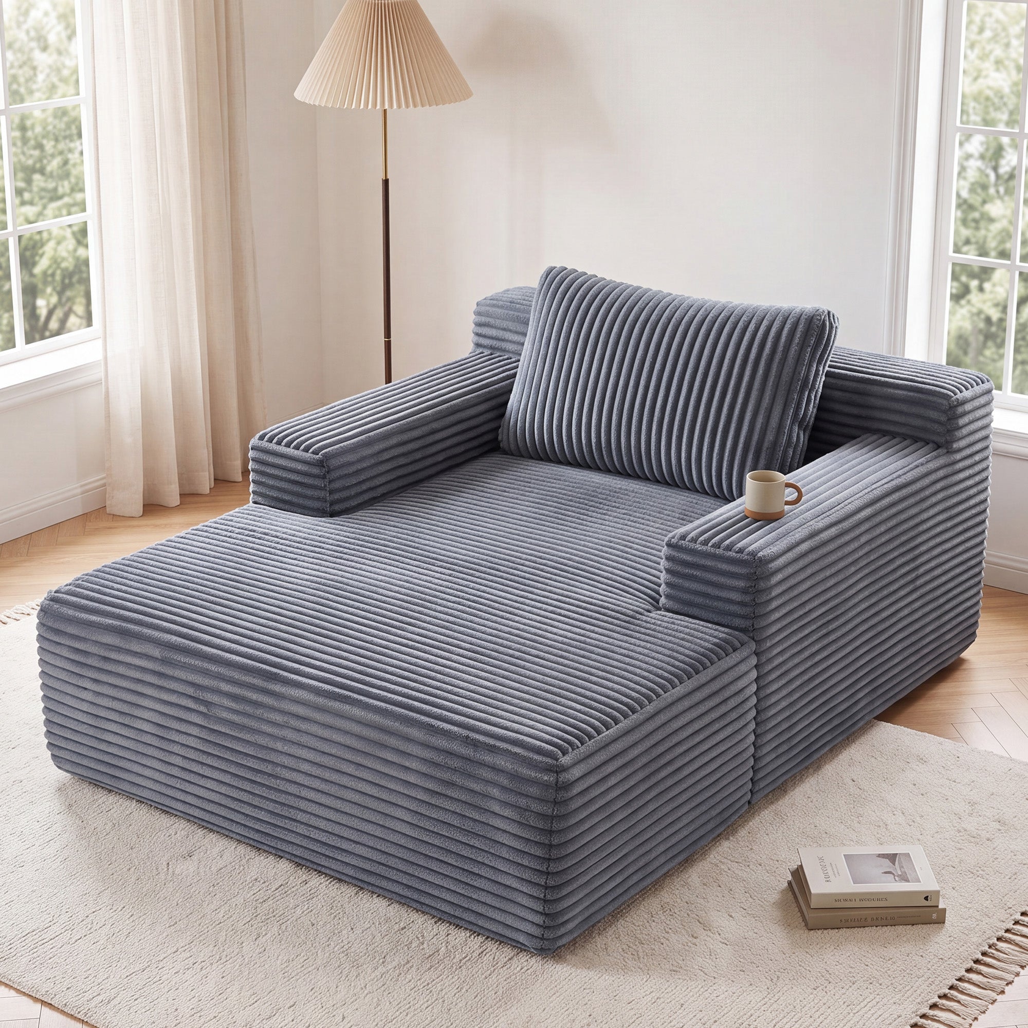 Claiks 63" Chaise Lounge Chair, Cloud Boneless Sofa, Beige | Oversized corduroy deep seat sleeper chair. reading chair. No assembly. Ideal for living room, bedroom, or apartment
