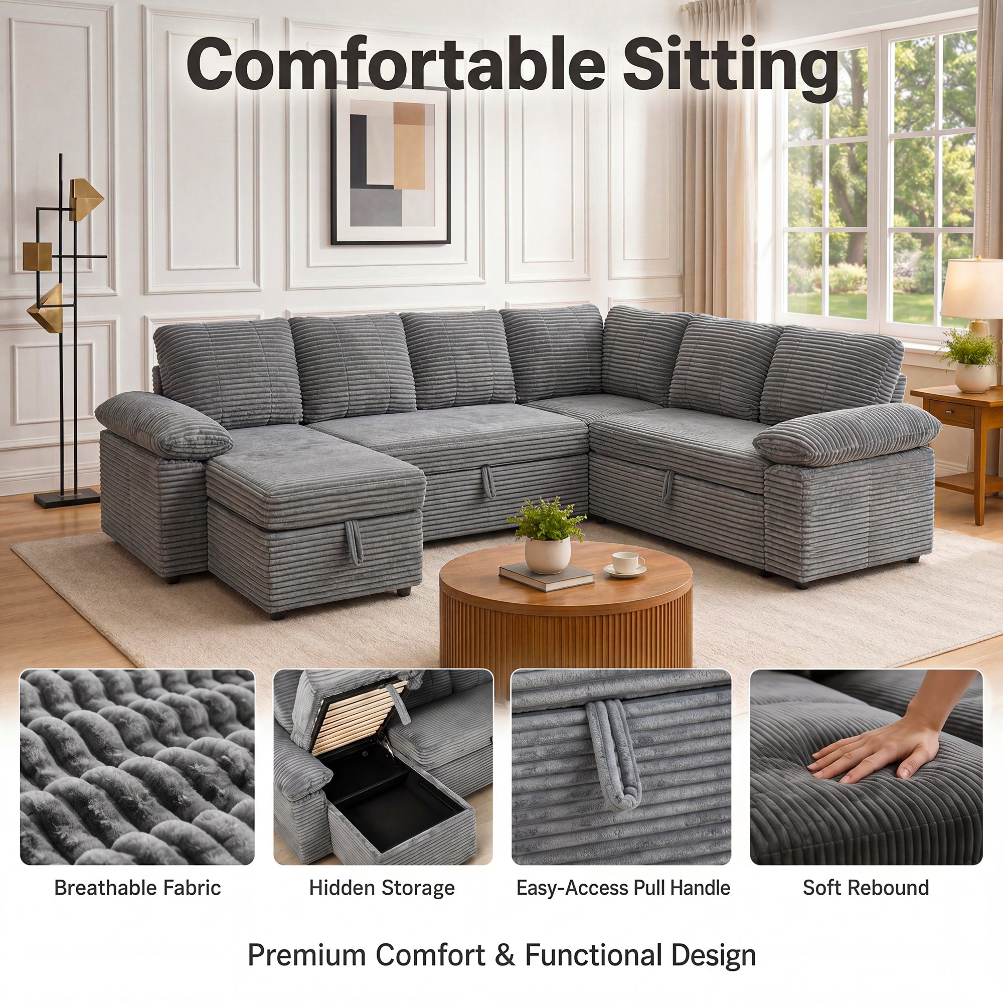 Claiks 118" Sectional Sleeper Sofa with Pull Out Bed U Shaped 7 Seat Sectional Couches for Living Room with Hidden Storage Skin Friendly Breathable Corduroy Fabric Sofa Bed for Apartment Office, Green
